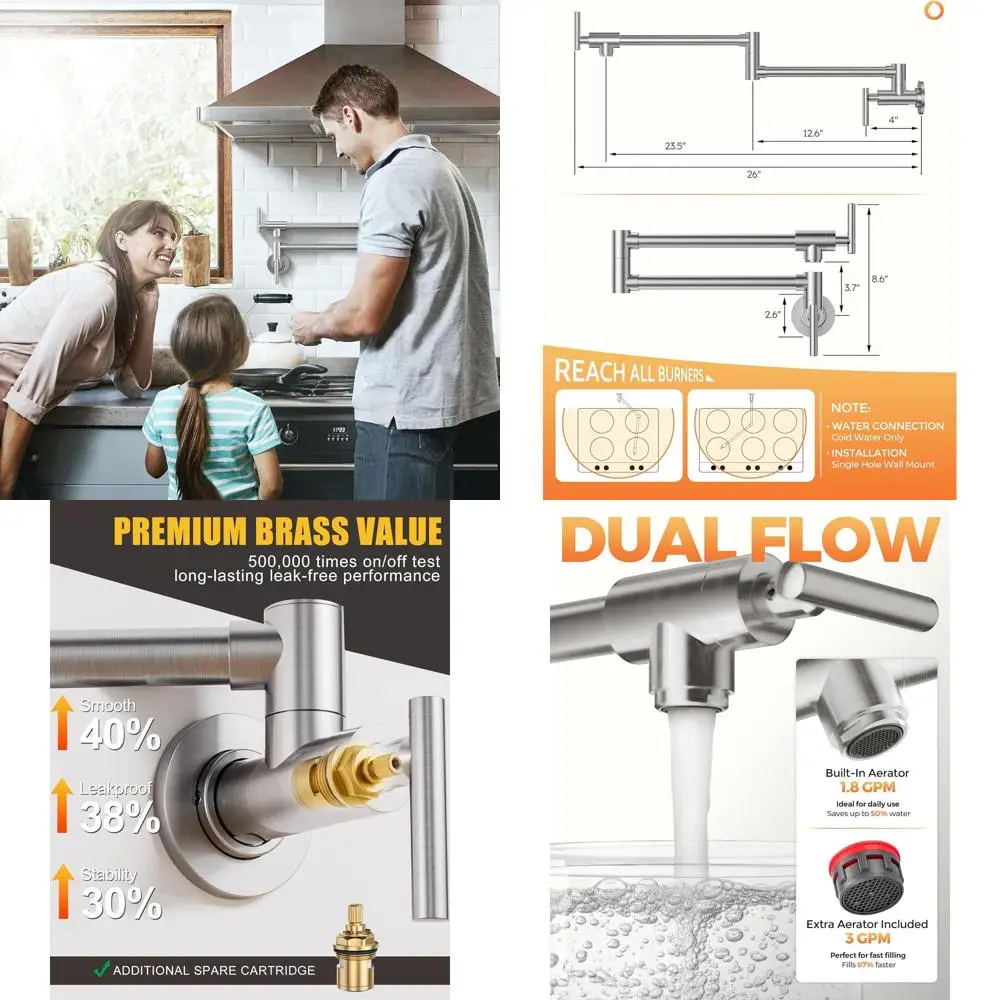 

Stainless Steel Wall-Mounted Pot Filler Faucet with Swing Arms, Brushed Nickel Finish