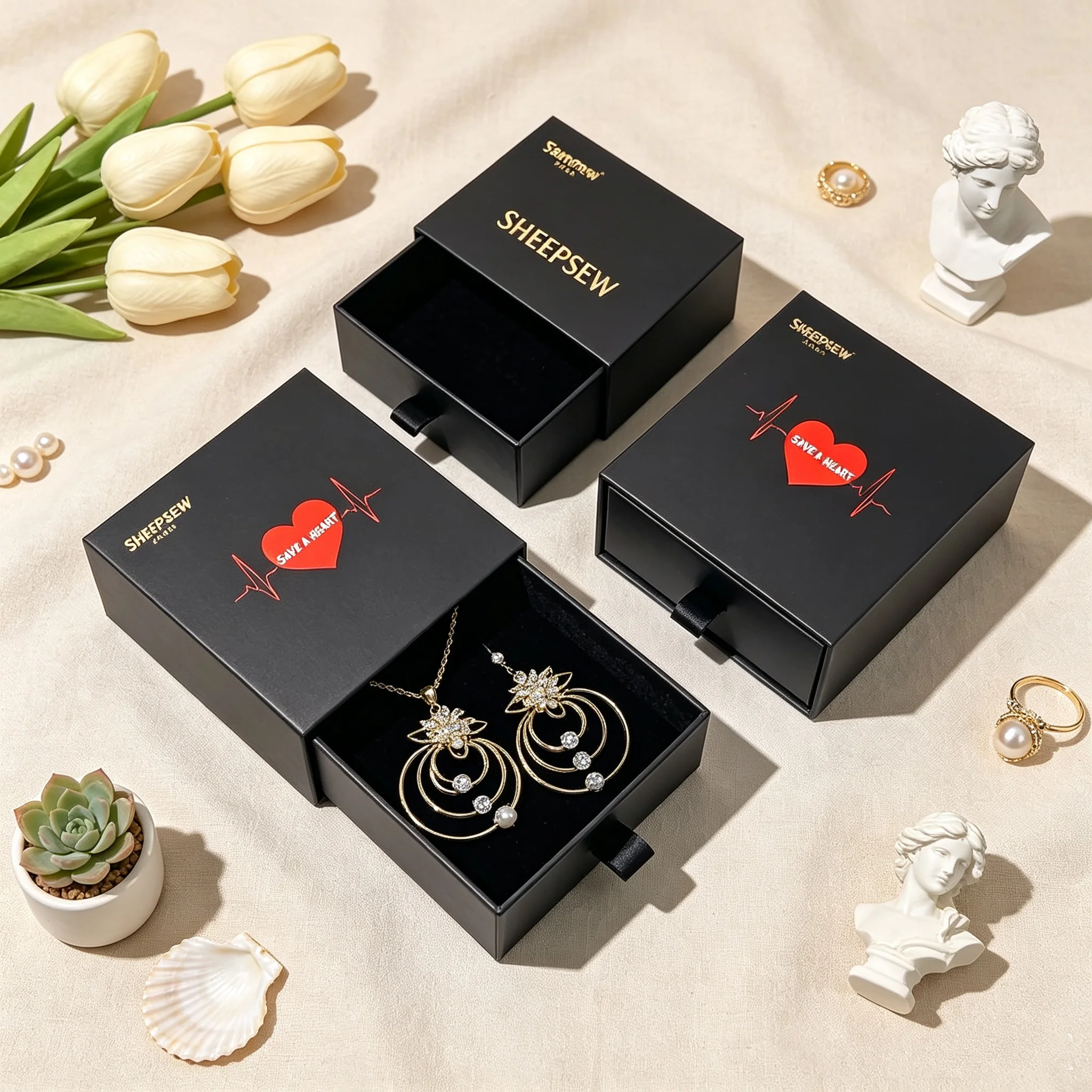 50pcs Sheepsew Wholesale Custom Logo Printed Luxury Paper Sliding Drawer Ring Jewelry Packaging Box