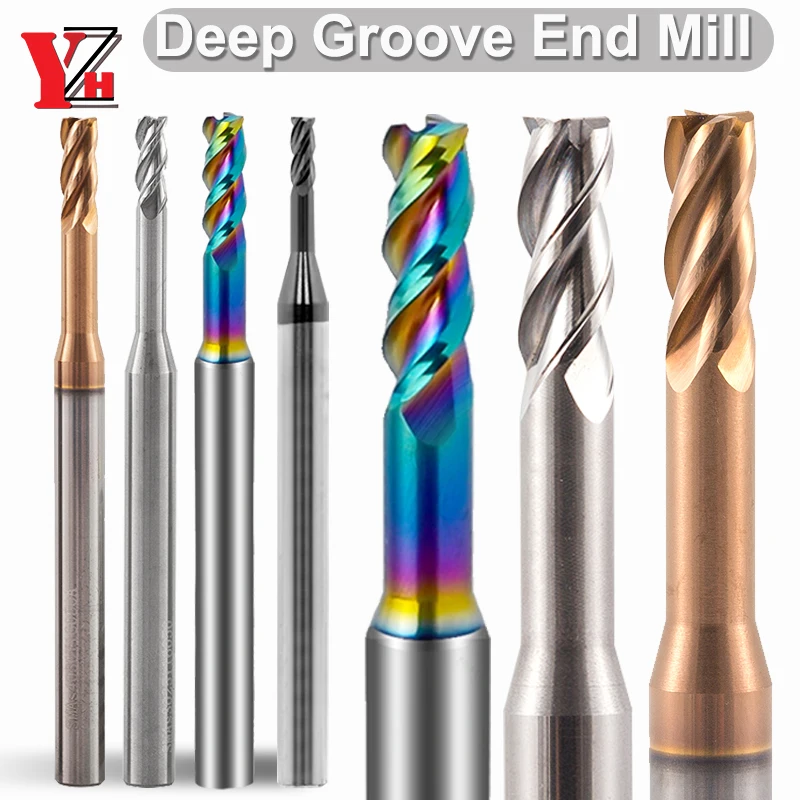 YZH HRC55/HRC70 Deep Groove End Mill 3/4Flute Micro-Diameter Tungsten Steel Long Clearance Neck CNC Flat Head D1 D1.5 D2 D2.5 D3