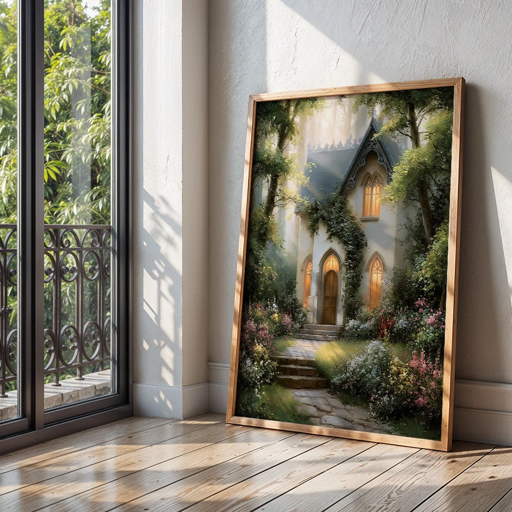 Forest cottage canvas wall decoration painting, bedroom and living room vintage home decoration gift, 2D printed poster