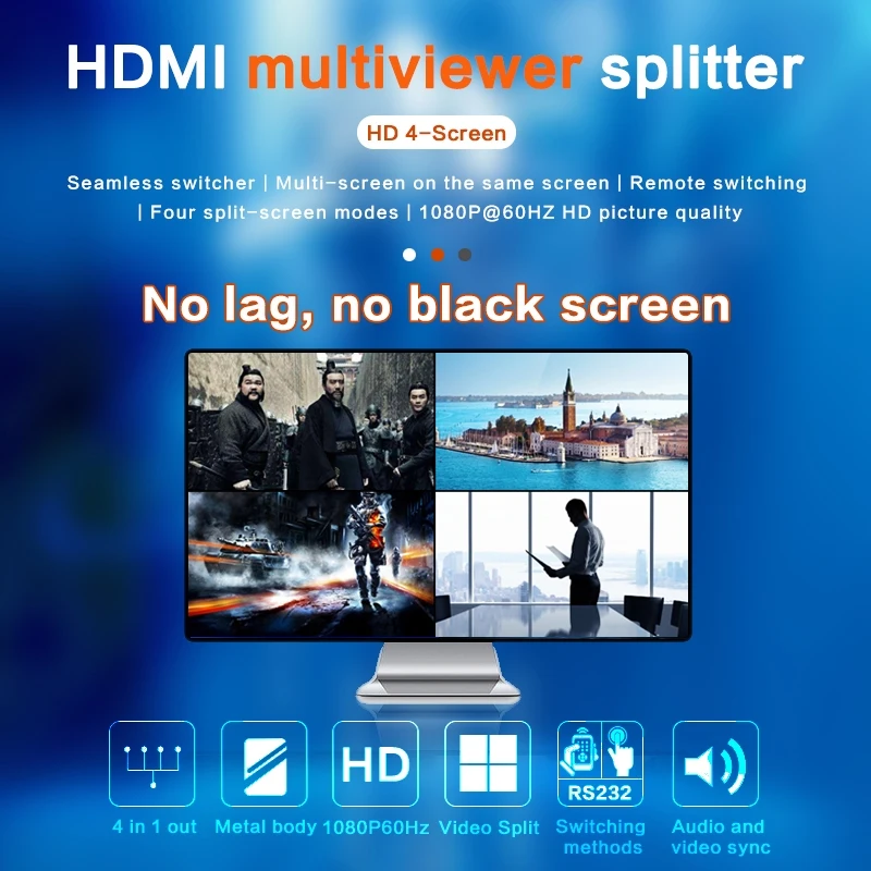 

4x1 HDMI Multiviewer Quad Screen Real Time Multi Viewer HDMI Splitter Seamless Switcher no black screen with RS232 serial port