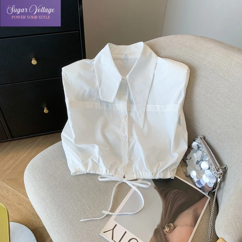 

Sweet Fresh Style Fly Sleeve Blouse Women Summer White Sleeveless Short Shirt Layered Design Loose Fit Pleated Elegant Tops