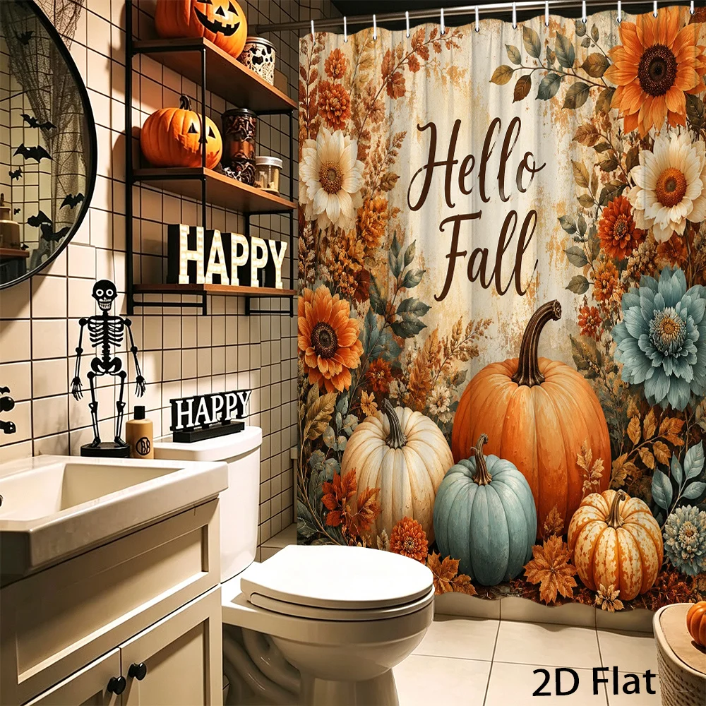 1 piece Country farmhouse style shower curtain for bathroom decor - Vintage autumn pumpkin sunflower dahlia floral shower curtain with hooks, machine washable bathtub divider, includes hooks, suitable for bathtub/shower door (70.8x 70.8inch )