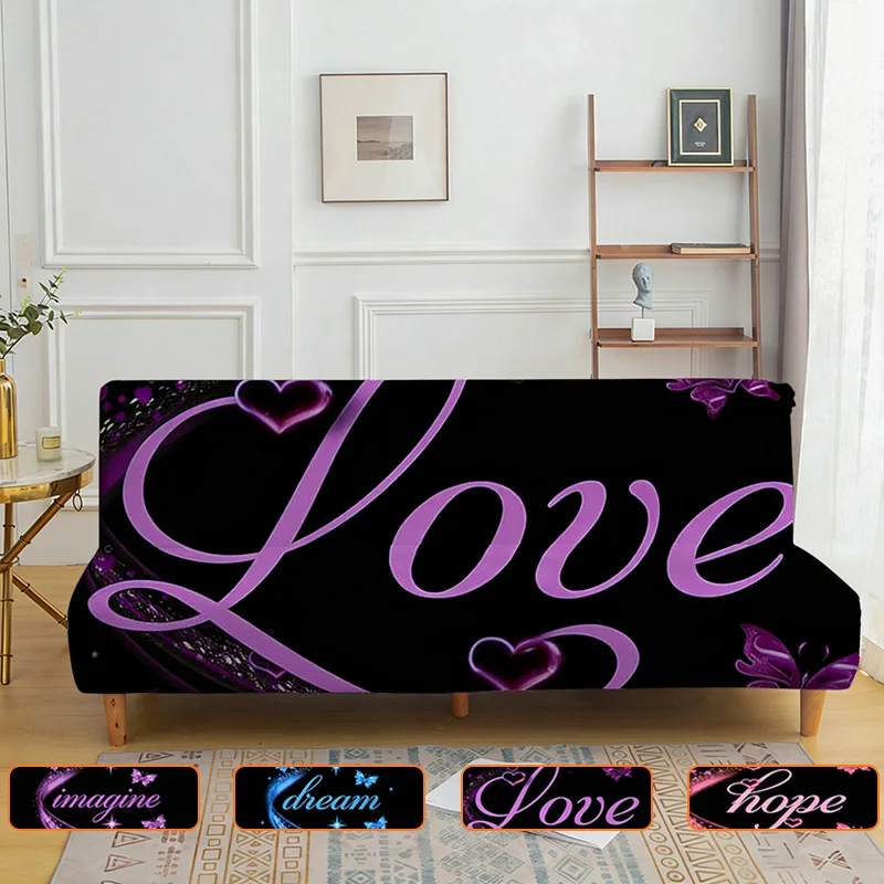 Armless elastic sofa bed cover, butterfly letter print pattern, dustproof machine washable sofa bed cover