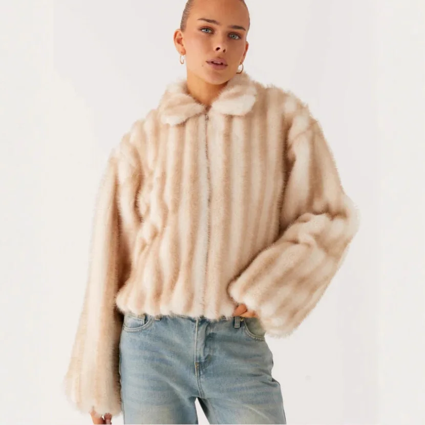 KIDCRKJ Kunstpelz-Damenmantel, Umlegekragen, volle Ärmel, Reißverschluss, Damen-Nerzpelzjacke, lockere High Street, dick, warm, Damen-Outwear