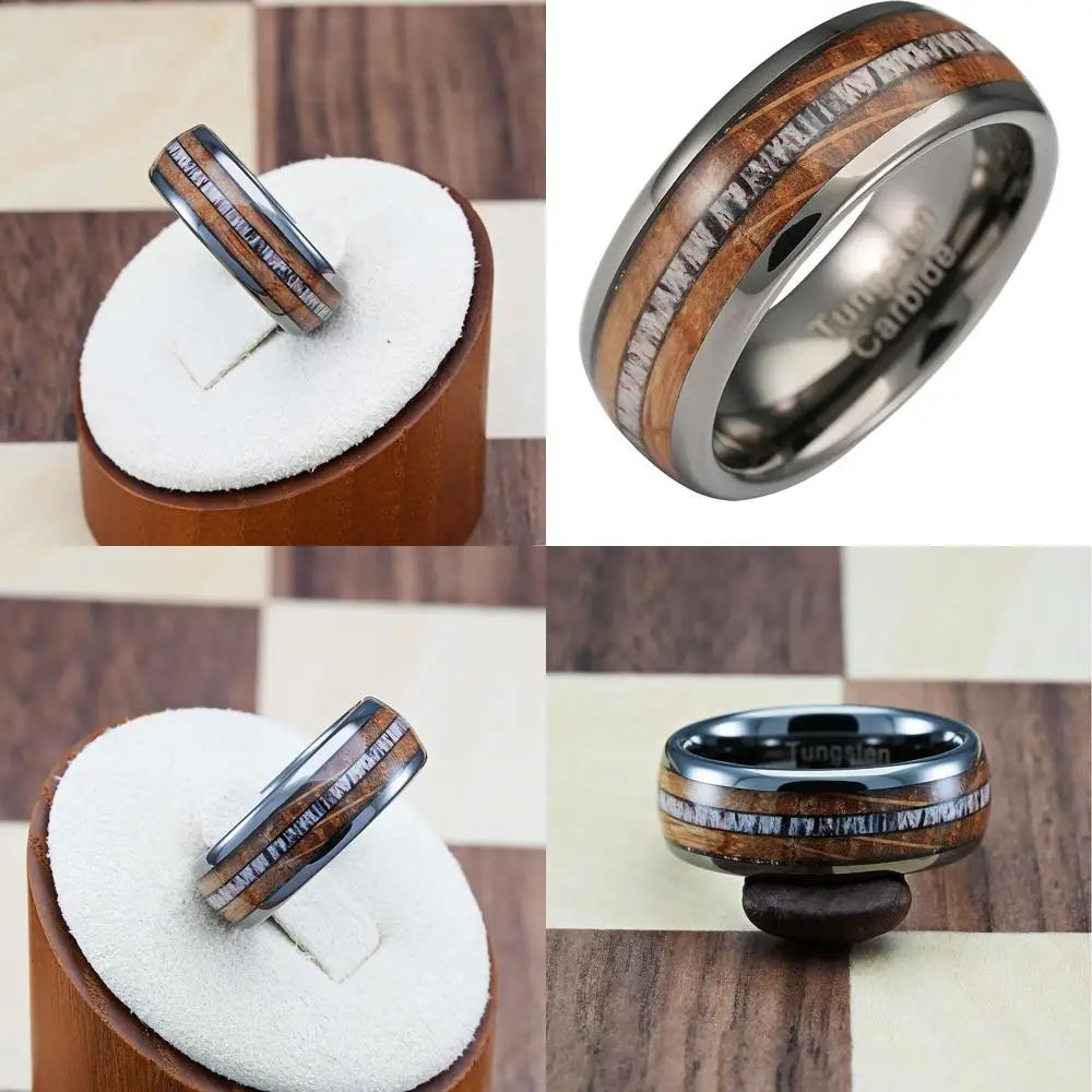 

Мужские обручальные кольца из вольфрама цвета оружейной стали с инкрустацией из древесины винных бочек и оленьего рога, размеры 6-16