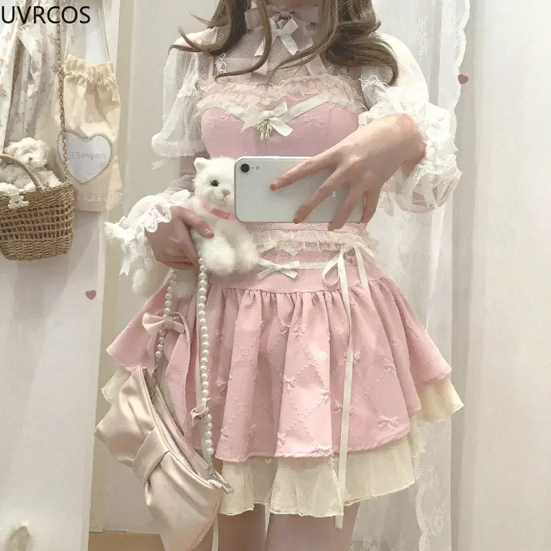 Pink Japanese Style Two -piece Set Elegant Women Sweet High Waist Bandage Mini Skirt Matching Suit 2023 Kawaii Lolita Camis Tops