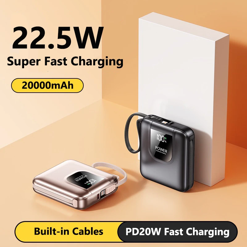 22.5W Super Fast Charging Power Bank 20000mAh With Cable External Battery Digital Power Bank For Iphone 17 Samsung Huawei Xiaomi