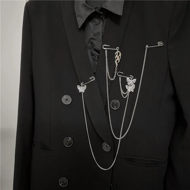Punk Pendant Double Pin Clip Chain Brooch Japan Korea For Men Women Street Ins Long Metal Chest Chain Brooch Trendy Accessories