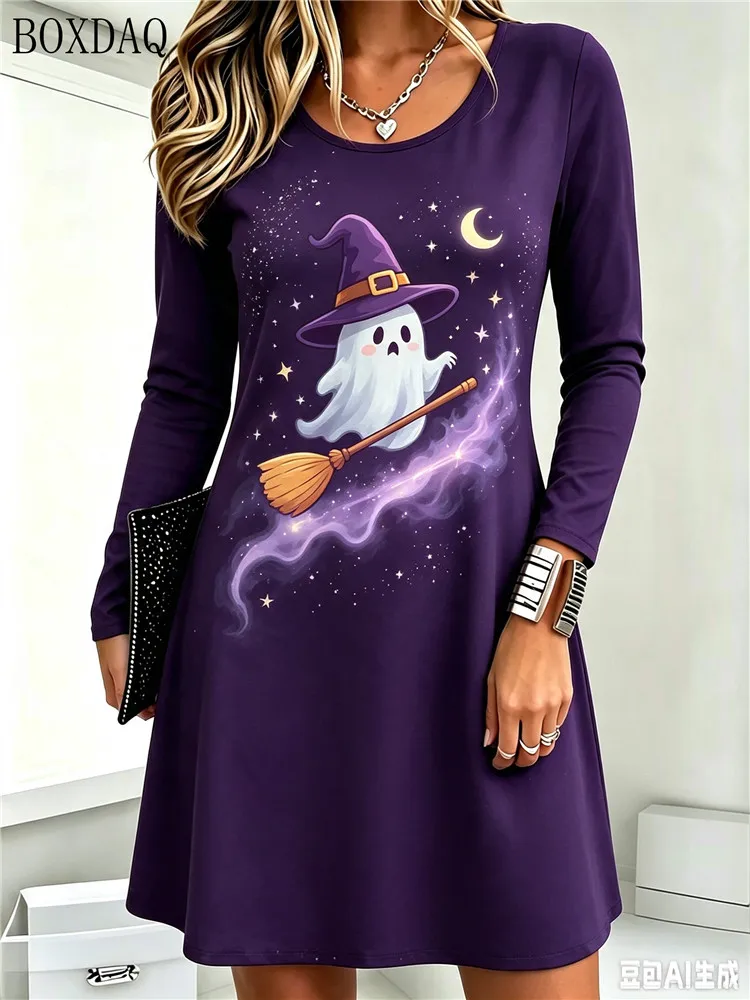 2026 Autumn Women's Casual Dress Long Sleeve Round Neck Halloween Ghost Pattern Printed Loose Dresses