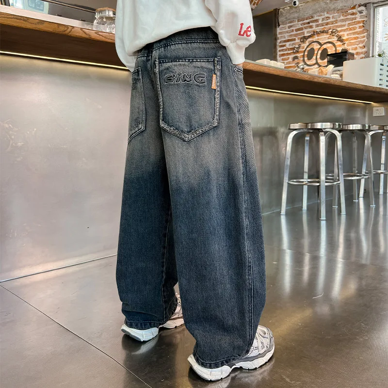 Teenagers Boys Jeans New Children Wide Leg Denim Pants for Kids Loose Pockets Trousers Spring Autumn 4 6 8 10 11 12 13 14 Years