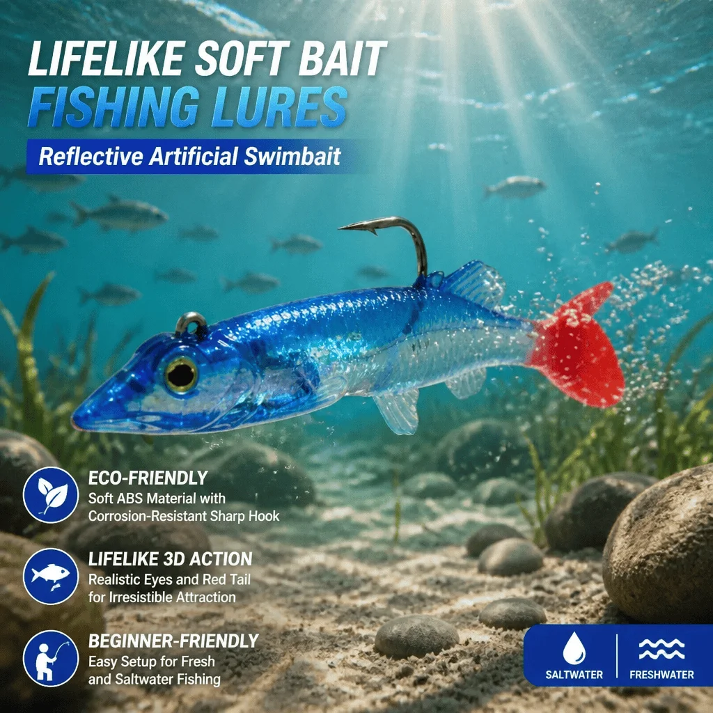 Leurres souples de pêche, leurres nageurs réalistes pour eau douce et eau salée, matériel de pêche au bar, jigs à tête plombée en ABS écologique, action de nage 3D