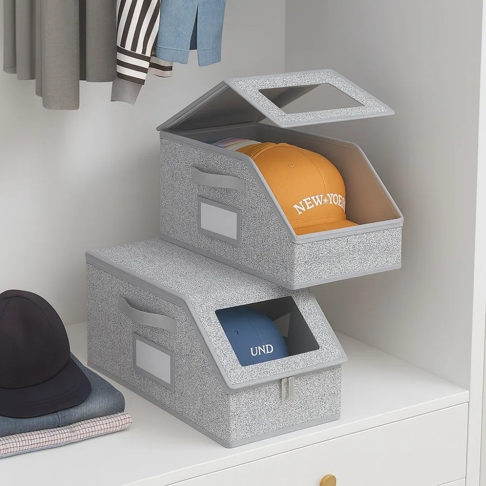 

New Zippered Hat Storage Box Foldable Large Capacity Dustproof Wardrobe Storage Boxes with Window Hat Storage Containers