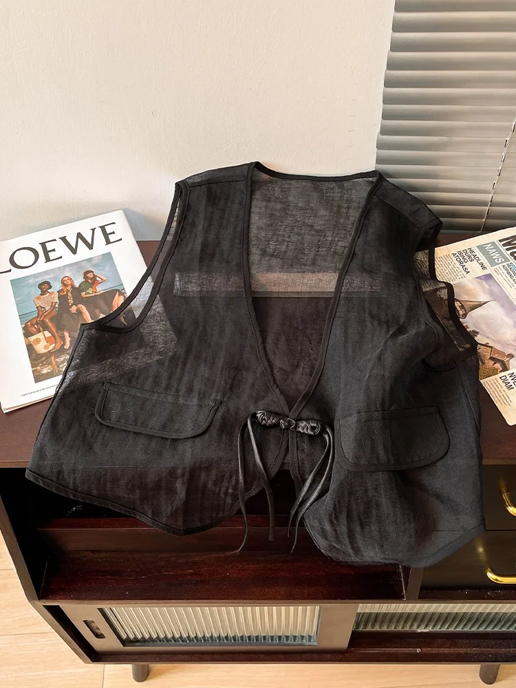 

Легкий жилет Bla, женский летний новый китайский жилет в национальном стиле с кисточками и пуговицами с v-образным вырезом, многослойная накладка на плечо Sun Pro...