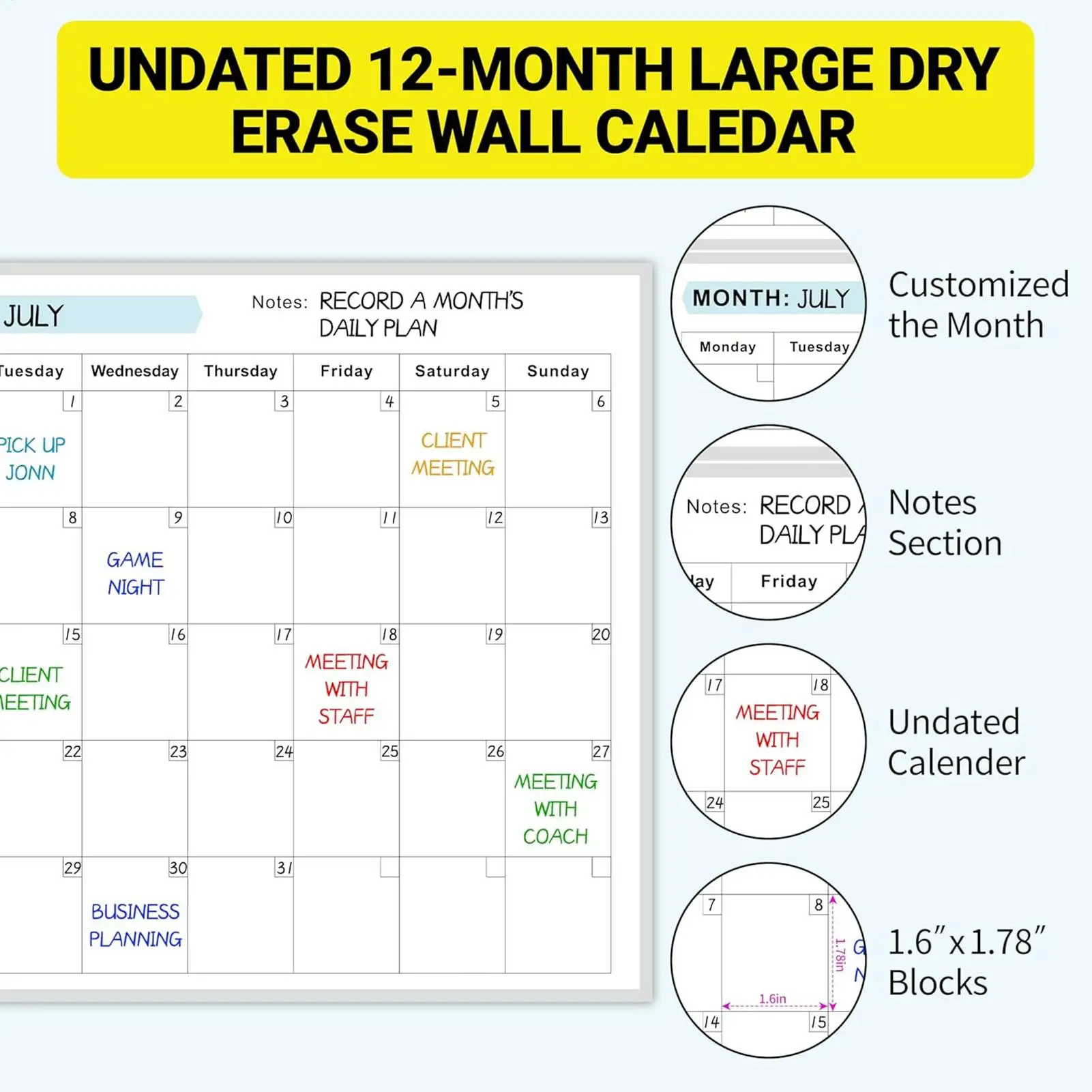 Erasable Blank Yearly Wall Calendar Poster With To-do Lists And Note-taking Areas Reusable Wall-mounted Blank Whiteboard