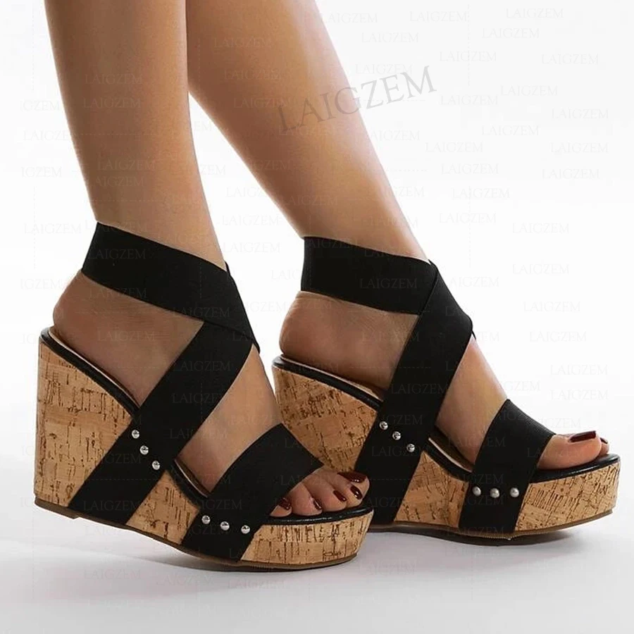 BERZIMER Women Sandals Platform Wedges Elastic Band Pumps High Heels Cork Pirnt Female Ladies Shoes Woman Plus Size 38 40 43 48
