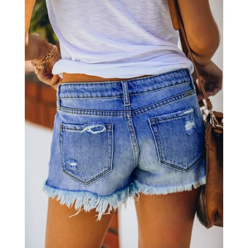 Shorts jeans feminino, estampa de borla para lavar, furos de cintura alta, emendados, bolsos de botão, sexy, slim fit, angustiado, verão, 2024