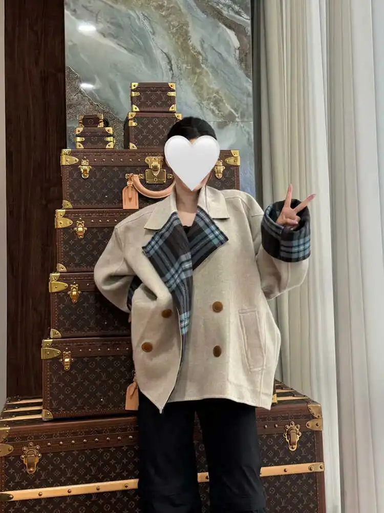 

Double-Sided Woolen V-Ne Plaid Coat Women's Loose Layering Outerwear Top Versatile Long Sve Commute Sle Winter Faion