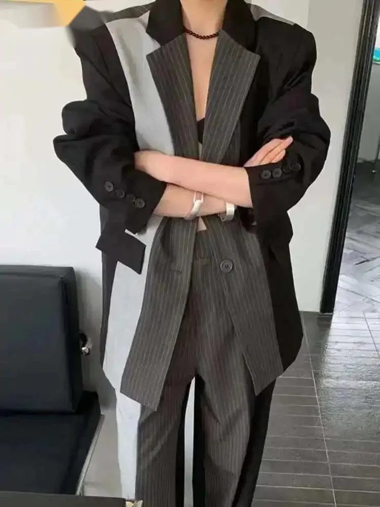 

Fashion Women's Stripe Blazer Notched Single Breasted Pockets Contrast Color Cotton Suit Jackets Summer 2026 New 1D6BN3