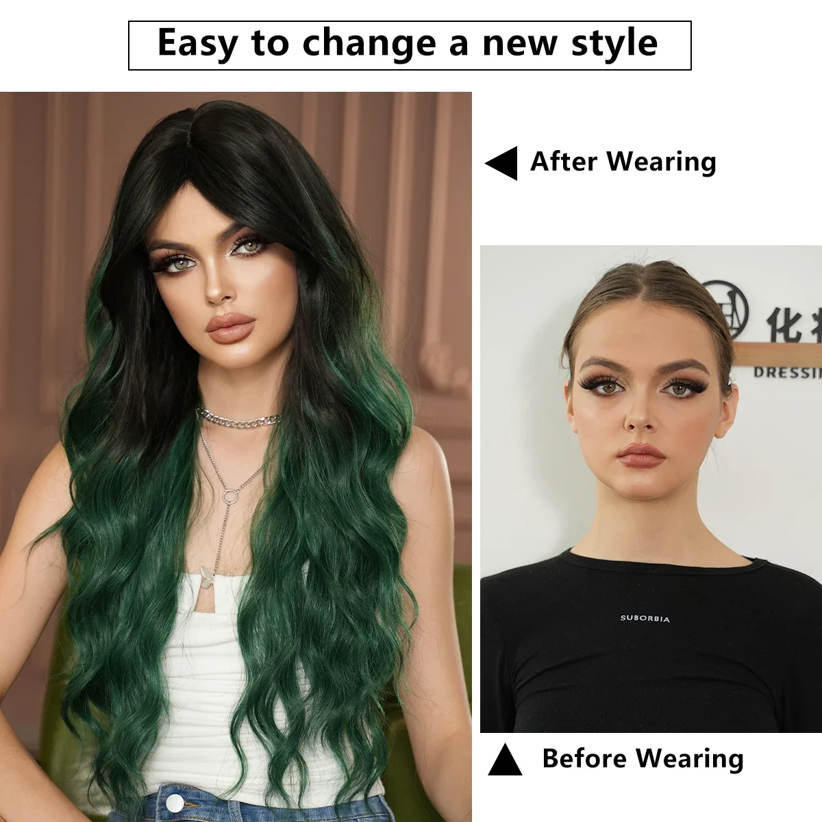 NAMM Costume Wigs Long Wavy Emerald Green Body Wigs with Dark Roots High Density Synthetic Heat Resistant Wig Mid Split Wigs