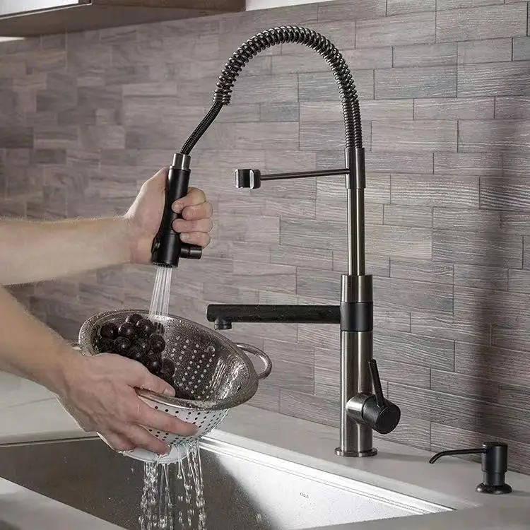 Spring Kitchen Stainless Steel Faucet, Dual Mode Hot and Cold, 360 Degree Rotatable, Pull Down Sprayer, Sink Tap