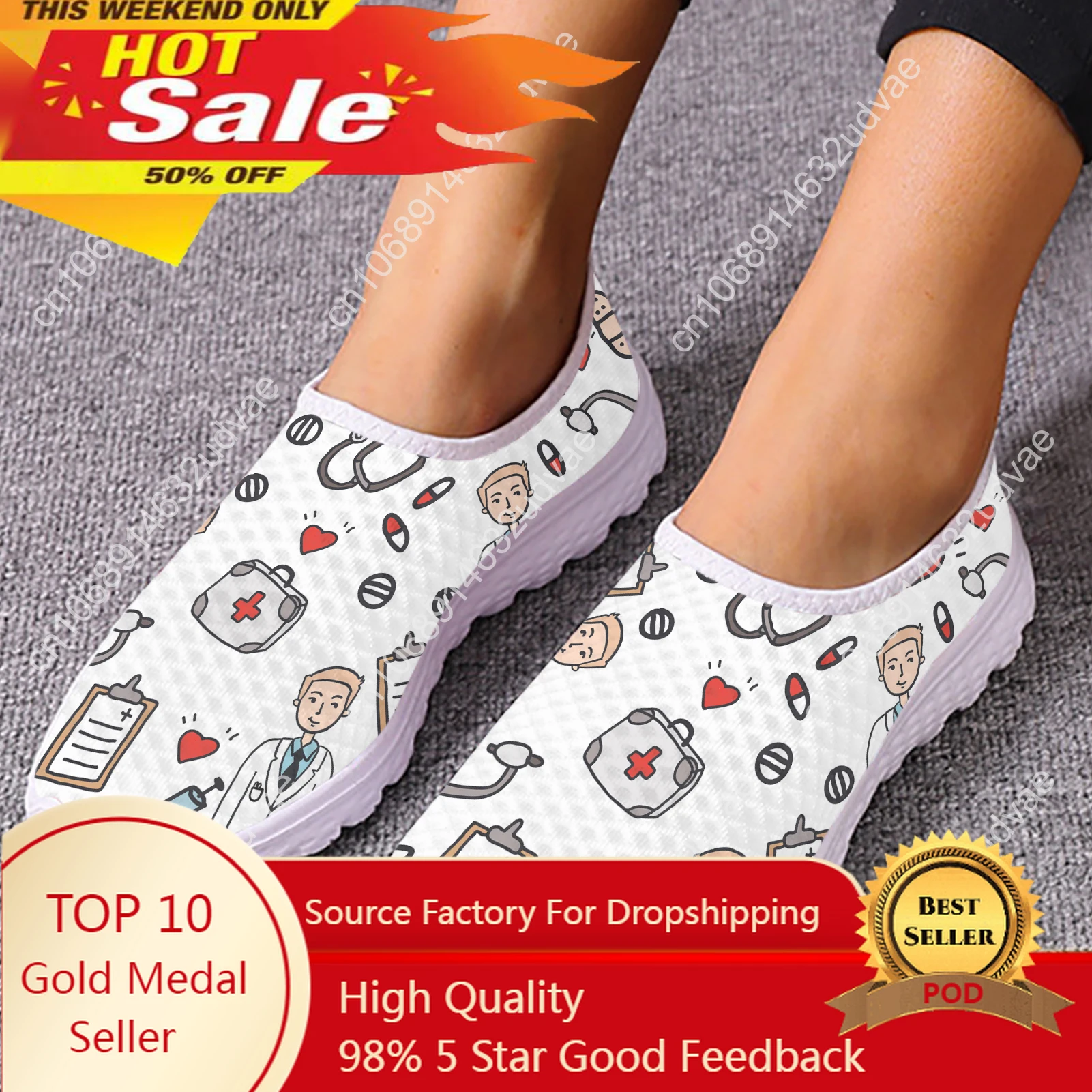 

White Doctor Design Slip On Shoes Lightweight Medical Printing Sneakers Soft Soled Shoes For Summer Casual Shoes