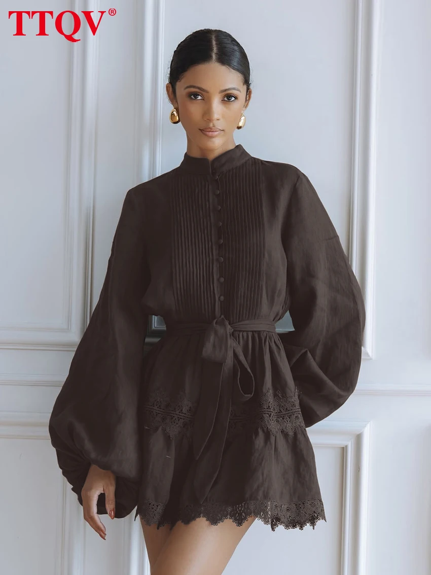 

TTQV Fashion Loose Brown Cotton Women's Dress 2026 Spring Stand Collar Puff Sleeve Mini Dresses Elegant Lace-Up Female Dress