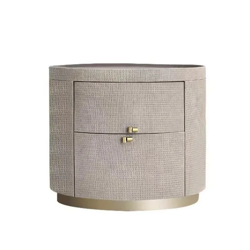 Italian minimalist all solid wood bedside table woven pattern light luxury oval rock slab high-end bedside table bedroom small s