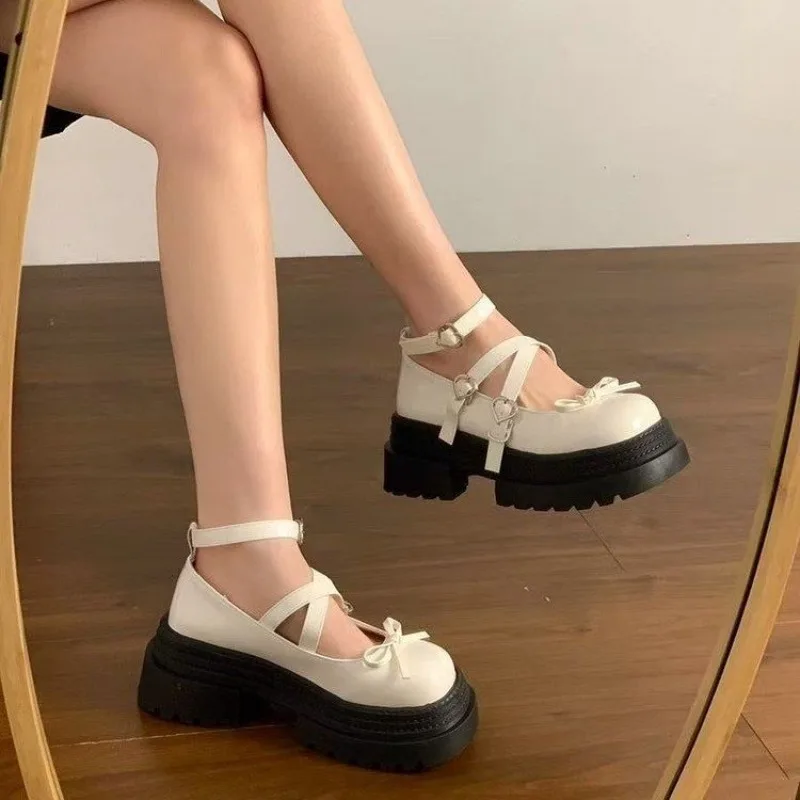 Patent Double Strap Platform Mary Jane Shoes Women Heart Metal Buckle Bow Chunky Lug Sole Japanese JK Lolita Student Shoes