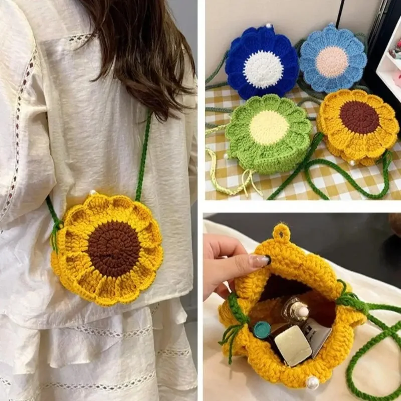 

New Fashion Sunflower Pattern Women's Mini Knitted Handbag Female Woven Shopper Purse Lovely Design Chain Shoulder Crossbody Bag