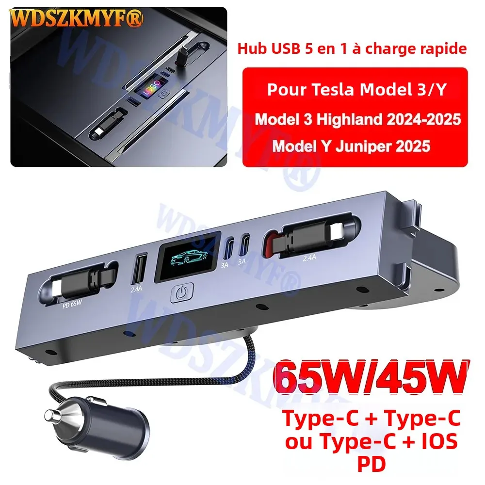 Pour Tesla Nouveau Modèle Y Juniper 2025 Modèle 3 Highland 2024 65W 45W Hub USB-C de charge rapide pour console centrale avec station d'extension