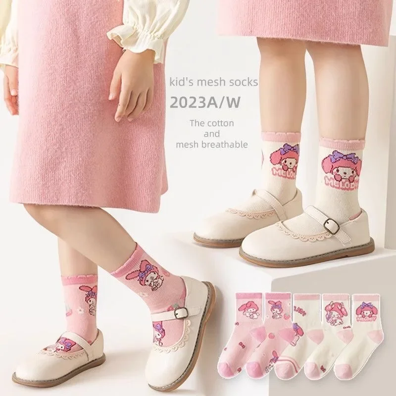 10Pcs/set Sanrio Female Cotton Socks Cartoon Cinnamoroll My Melody Kuromi Girls Soc ks Student Mid-tube Non-slip Socks Girl Gift