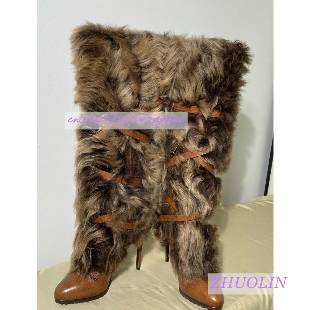 New Winter Brown Curly Lace-Up Knee-High Boots Women'S Round Toe Stiletto Heel Side Zipper Runway Boots Non-Slip Warm Boots 46