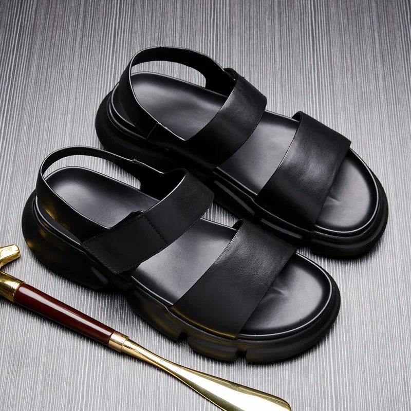 Genuine Leather Sandals Men's Trendy First Layer Leather Summer Platform Beach Shoes New Velcro Cool Slippers