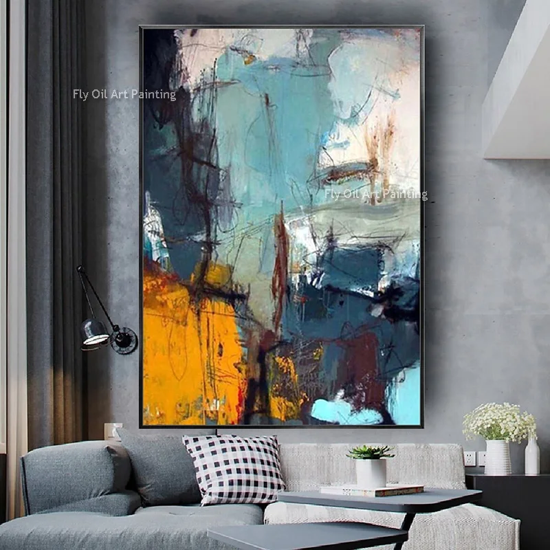 Blue And Yellow Abstract Canvas Thick Wall Art Hand Painted New Design Purple White Oil Painting Simplism Artwork For Decor