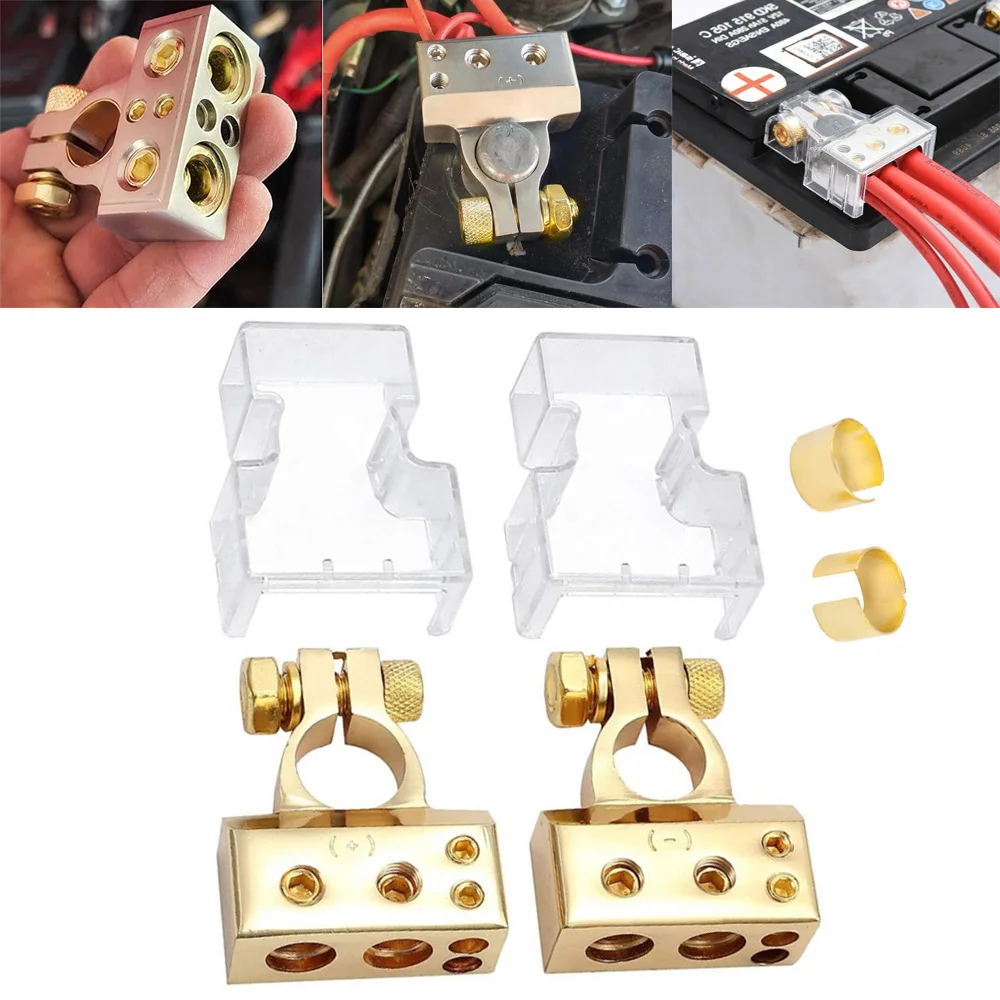 Car Battery Terminal Connectors Kit 2/4/8/10 Gauge AWG Auto Audio Positive Negative Battery Post Clamp with Clear Covers Shims