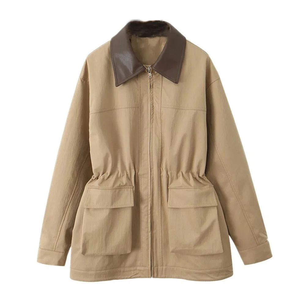 

2025 Spring Women Khaki Spliced Faux Leather Lapel Safari Coat Front 2 Pockets Elastic Waist Zipper Jacket Loose Outerwear