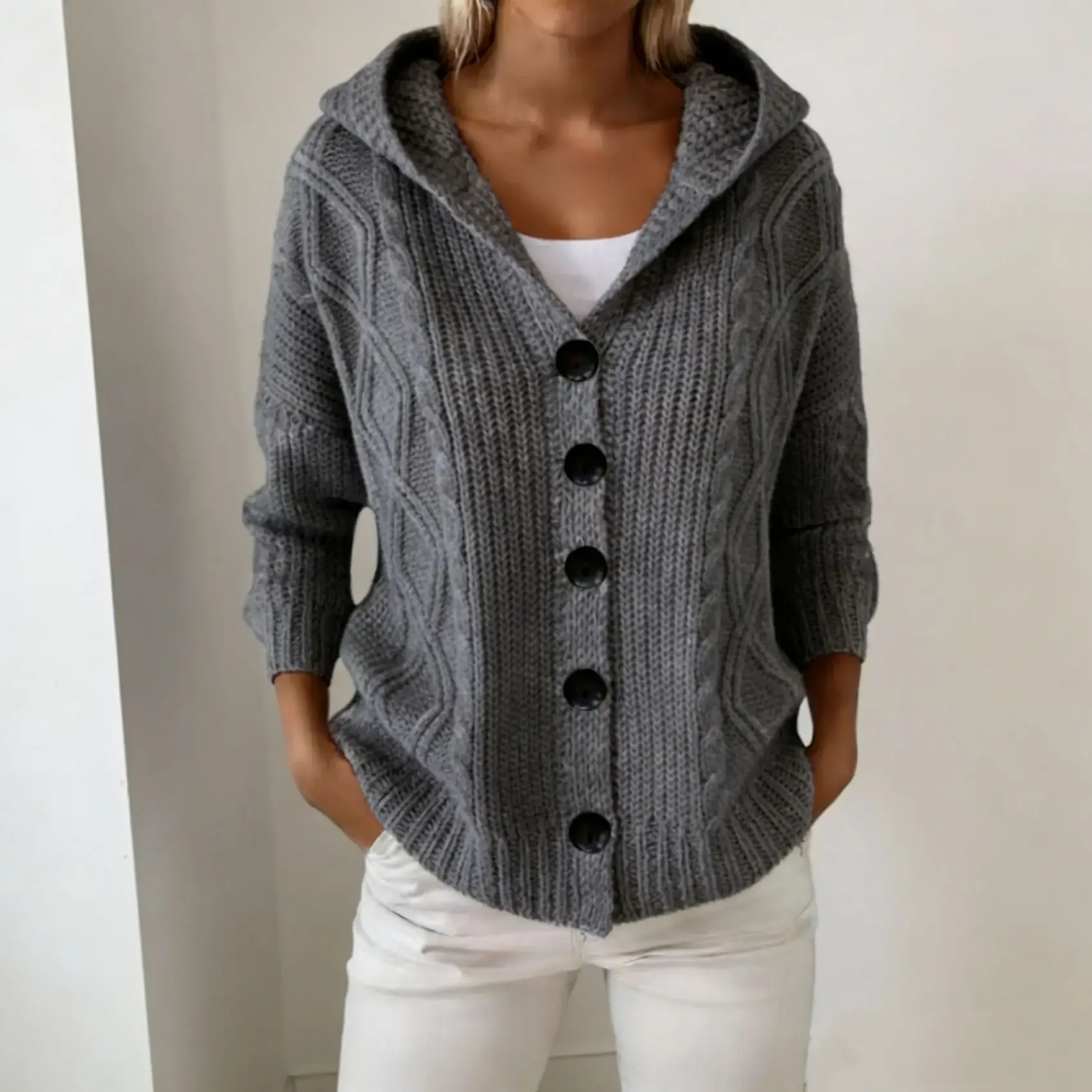 

Women Solid Color Hooded Knit Cardigans Simple Fashion Single Breasted Long Sleeve Sweater Jacket 2026 New Vintage Casual Tops