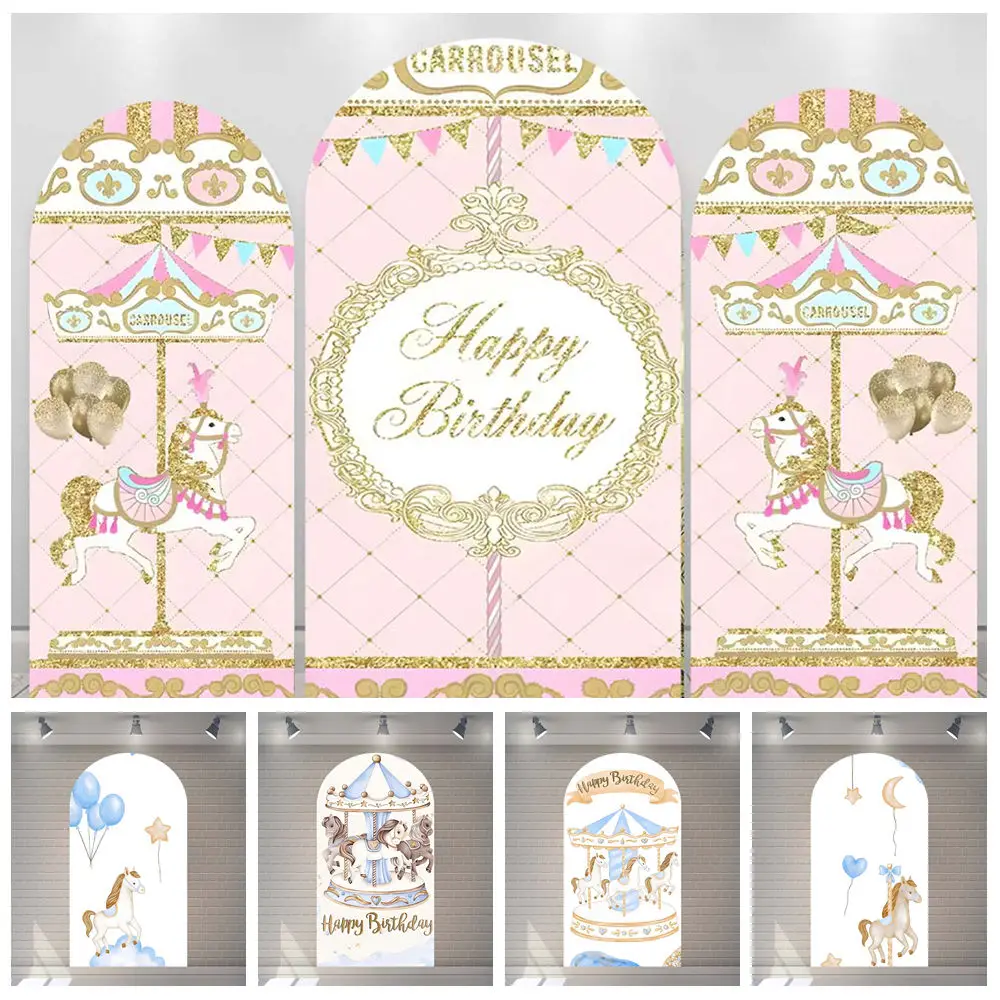 

Cartoon Pink Fantasy Carousel Girl Baby Kid Gift Birthday Party Arch Backdrop Custom KidRoom Photography Poster Decor Background