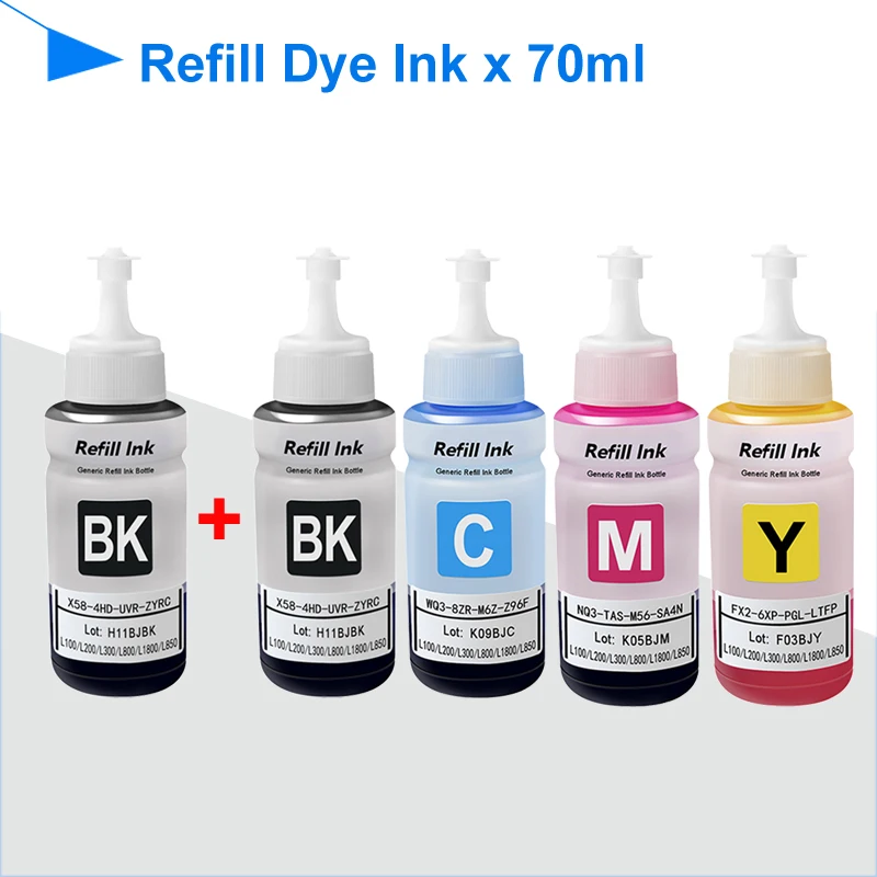 5bottles Dye Based Refill Inkfor Epson L200 L1800 L355L300 L3150 L110 L380 L220 L395 L2540 L565 L550 L486 L455 L386 L382 2BK1CMY