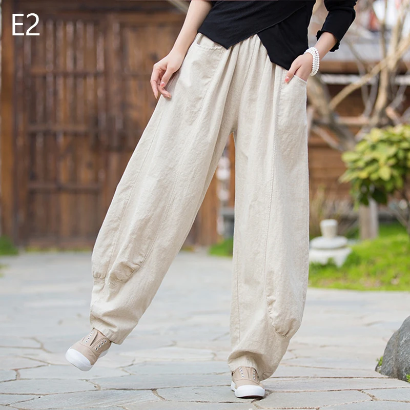 Women Vintage Literature Tie-dye Pants Summer Cotton Linen All-match Harem Pants Lady Casual Loose Bloomers Wide Leg Trousers