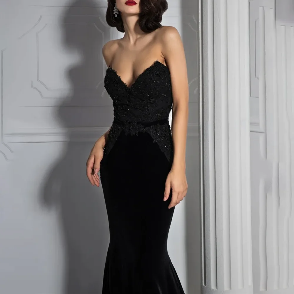 

Black Sweetheart Sleeveless Backless Lace Mermaid Prom Dress Mermaid Formal Appliques Sequined Party Prom Gowns Customized