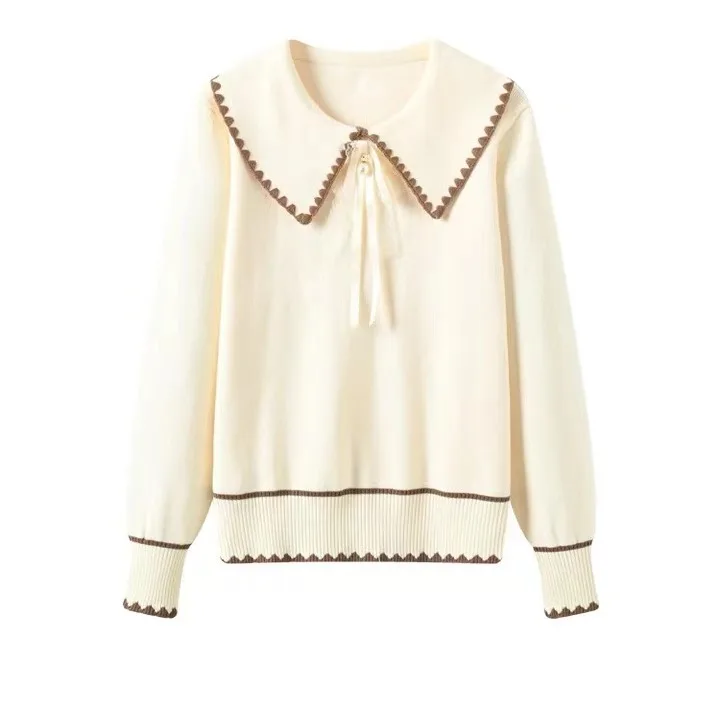 سترة محبوكة بياقة دمية حلوة للنساء مع شريط طويل بعقدة Sve بالإضافة إلى حجم التخسيس متعدد الاستخدامات للخريف والشتاء...