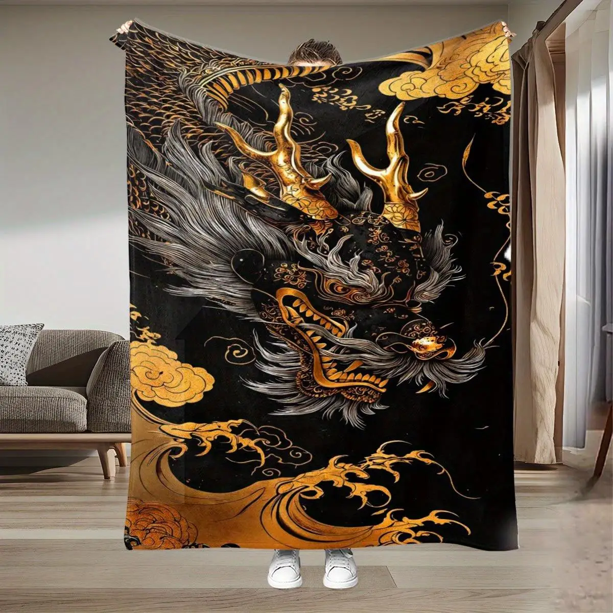 Luxury Black & Golden Dragon Flannel Blanket  Heavyweight All-Season Soft Bedspread,  Polyester Elegant Chinese