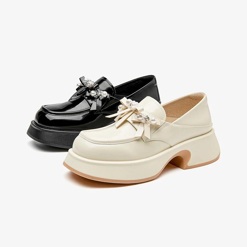 BeauToday Bow Tie Loafers Women Genuine Leather Square Toe Lolita Style Thick Sole Shoes Spring Female Slip-on Handmade 26585