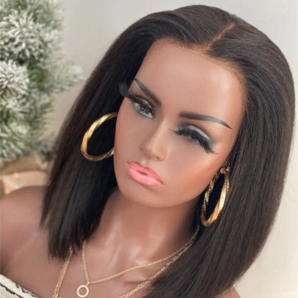 

Soft Natural Black Short Bob Yaki Preplucked 180Density Kinky Straight Lace Front Wig For Women BabyHair Heat Resistant Glueless