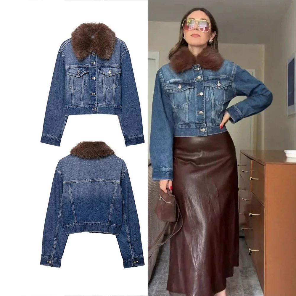 

Женская джинсовая куртка осень-зима свободного кроя стильная верхняя одежда с меховым воротником и карманами модное повседневное пальто с длинными рукавами