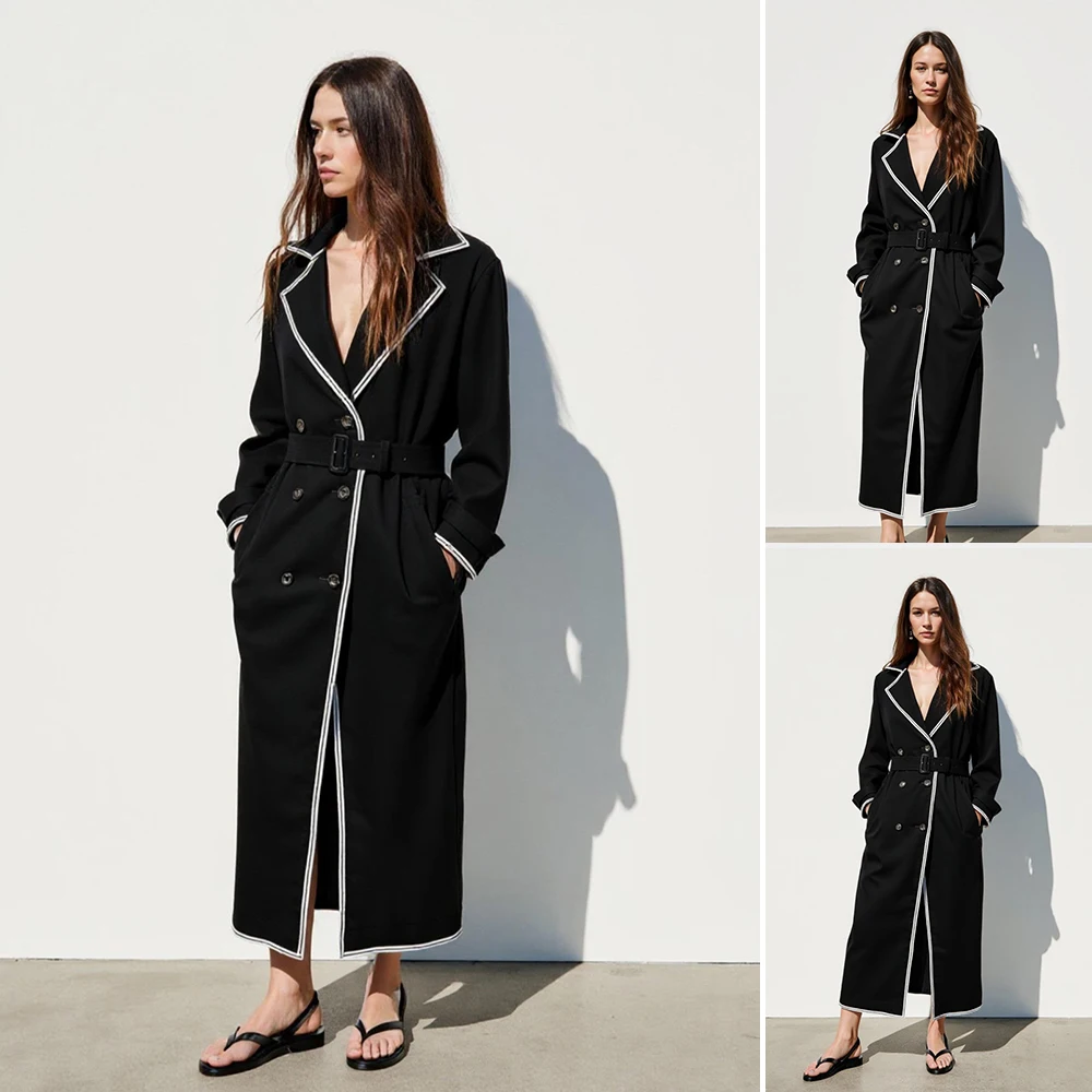 

Mia Muse Boutique, осенний плащ 2025 г., женский элегантный плащ контрастного цвета с длинными рукавами и лацканами, стандартный крой, офисный женский плащ