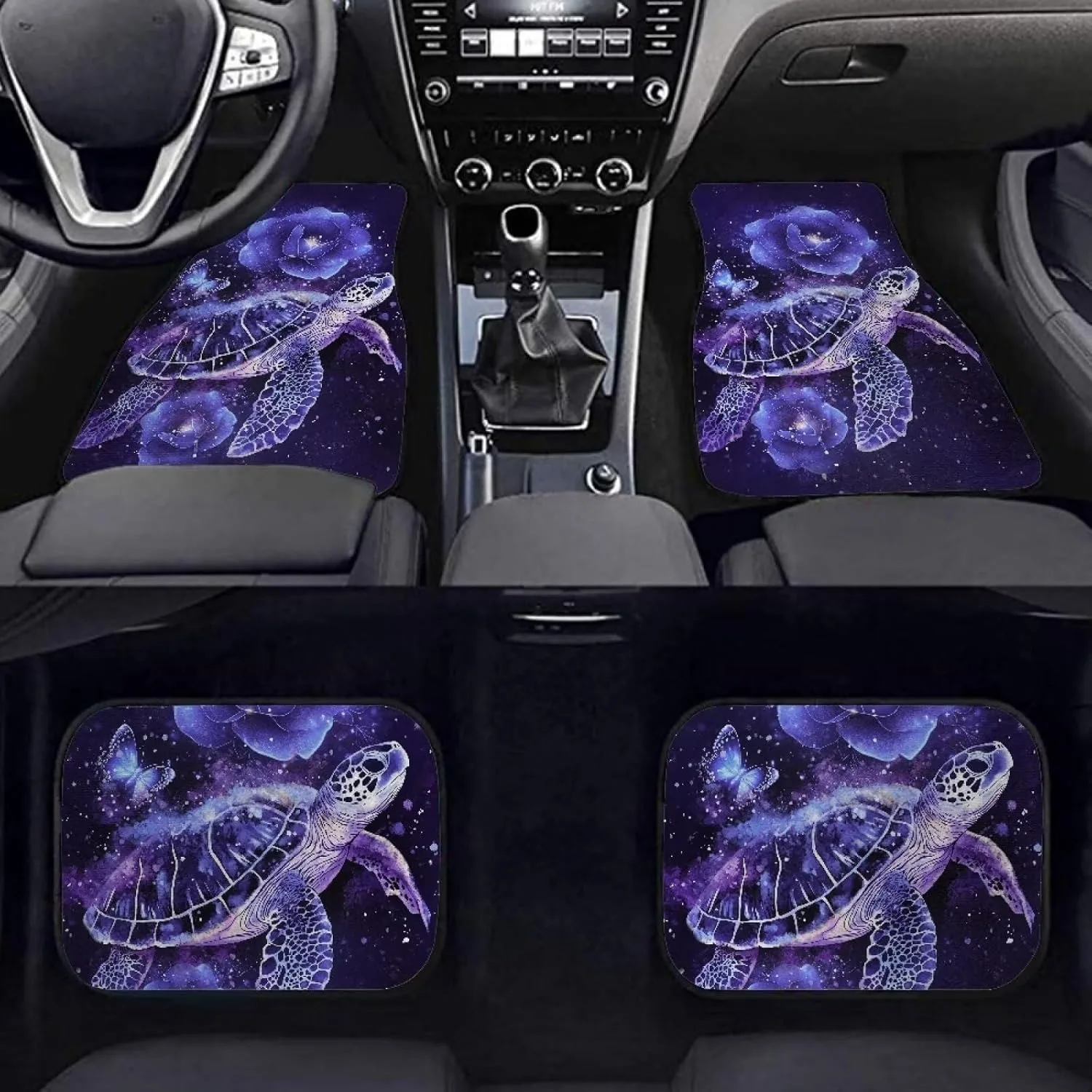4pcs Heavy Duty Rubber Car Floor Mats With Purple Turtle & Floral Design - All-Weather Non-Slip Fit For Cars, SUVs, Trucks & - E