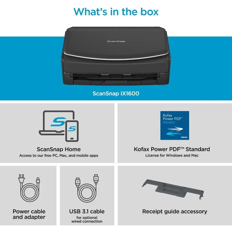 Scanner de documentos habilitado para nuvem sem fio ou USB de alta velocidade, scanner de fotos e recibos, tela sensível ao toque grande, iX1600